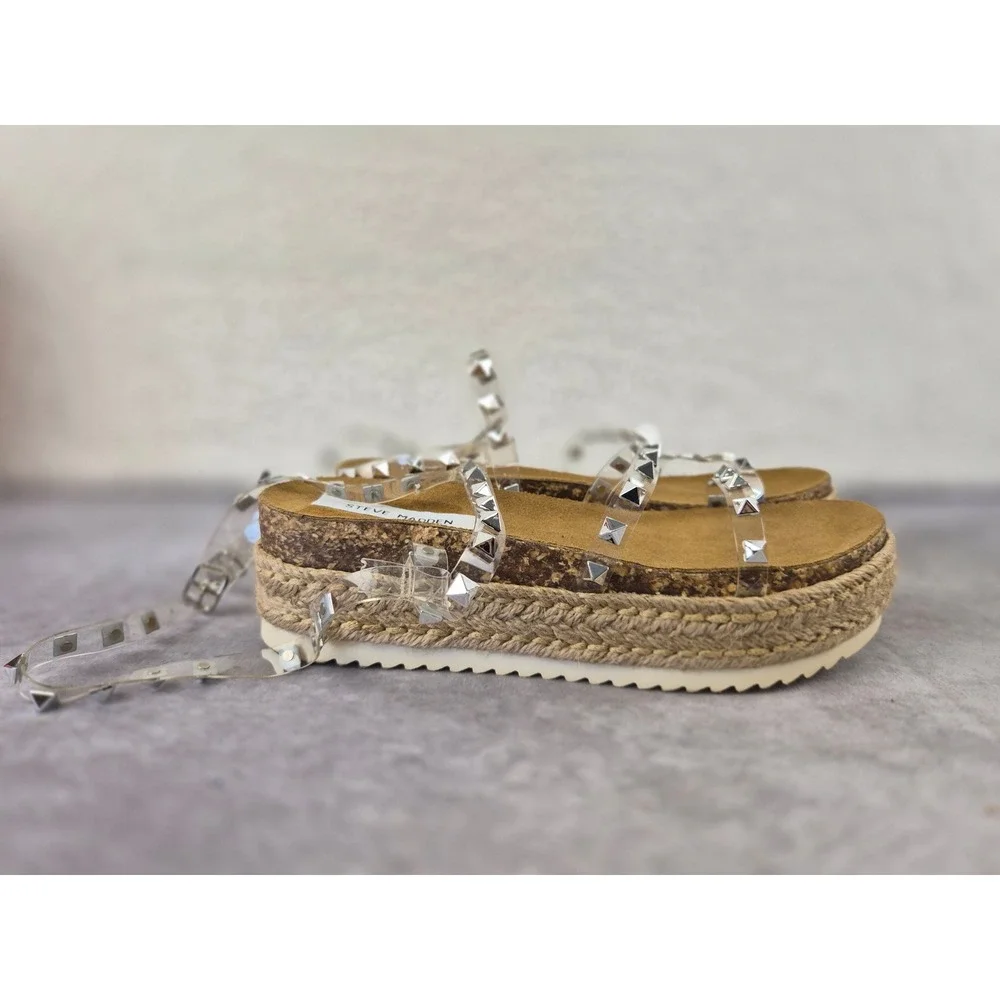Steve Madden Kailee Clear Studded Espadrille Platform Wedge Sandals Mens 9.5
